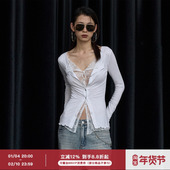 蕾丝拼接 纯色假两件木耳边修身 长袖 ourhour 开衫 女秋设计感上衣