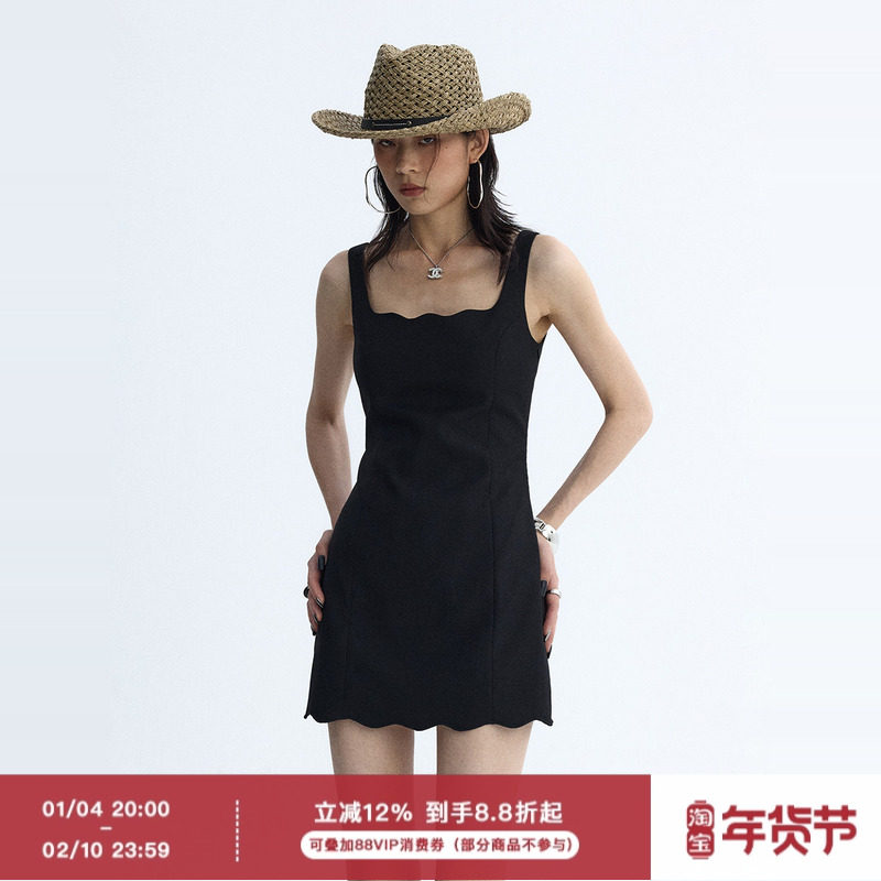 ourhour 波浪花边 黑色方领公主线分割收腰西装连衣裙 女设计感裙