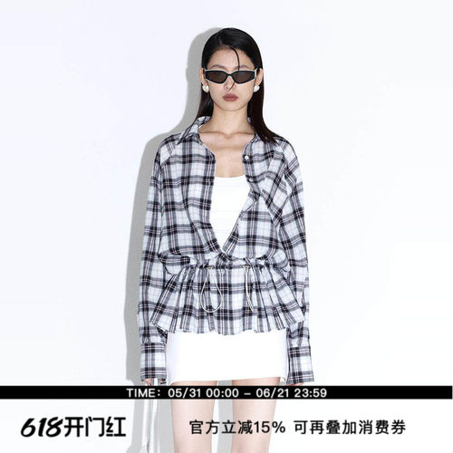 ourhour黑粉撞色格纹可抽绳衬衫