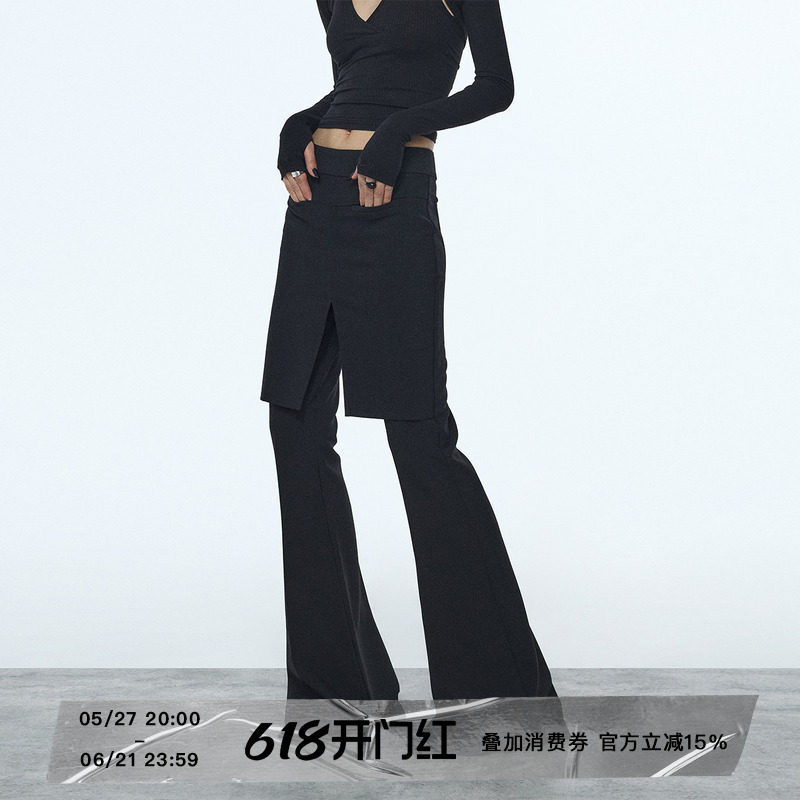 ourhour 假两件拼接 黑色开衩前裙片修身喇叭西裤 女冬设计感长裤