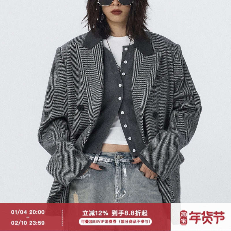 ourhour 拼接皮领 灰色双排扣人字纹宽松毛呢西装 女冬设计感外套