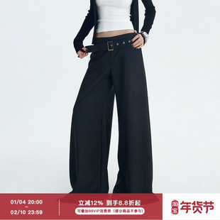 ourhour 可拆腰带 黑色中低腰宽松阔腿拖地裤 女冬设计感休闲长裤