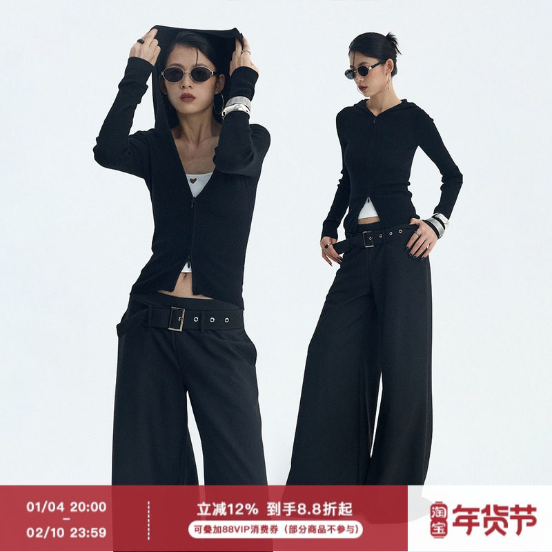 ourhour 羊毛混纺 黑色双头拉链修身连帽针织开衫 女冬设计感外套