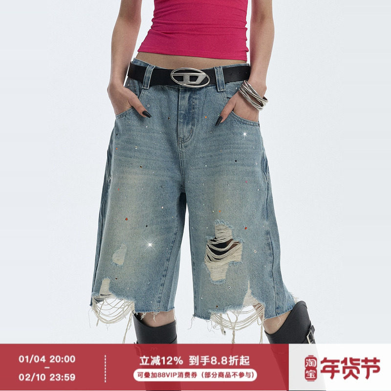 ourhour 满天星烫钻 浅蓝彩色宝石阔腿牛仔中裤 女夏季破洞六分裤,女装/女士精品,牛仔裤,淘宝优惠券,粉丝福利购,淘宝优惠卷