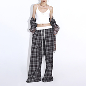 宽松慵懒 设计感格子裤 复古格纹抽绳腰薄款 女夏季 休闲裤 ourhour