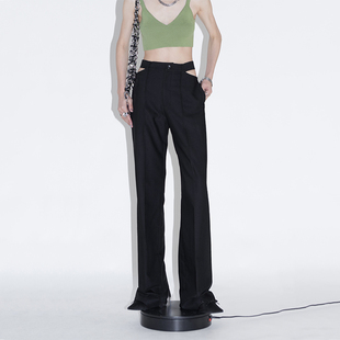 ourhour 两侧露腰 黑色高腰直筒显瘦西装长裤 女春季设计感休闲裤