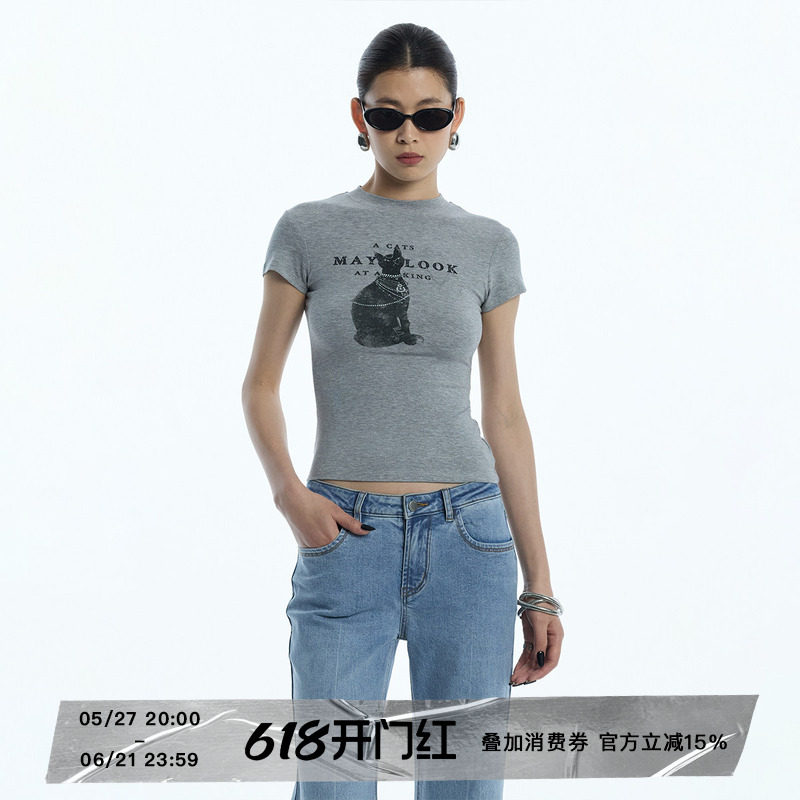 ourhour 华丽英文珍珠链猫咪印花小圆领灰色T恤女夏短袖辣妹上衣