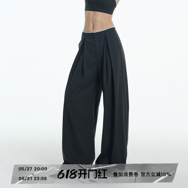 ourhour 灰白条纹蕾丝花边前后对褶阔腿西裤裤女夏宽松拖地长裤