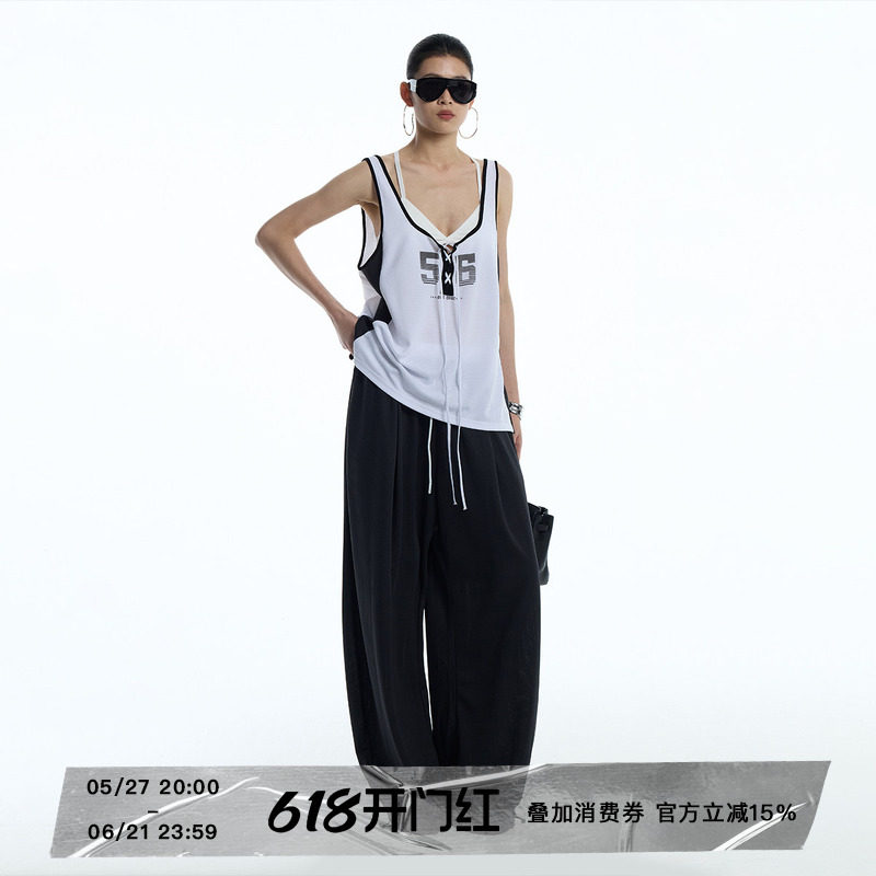 ourhour 黑白撞色大U领绑带数字印花56号球衣宽松运动背心女夏