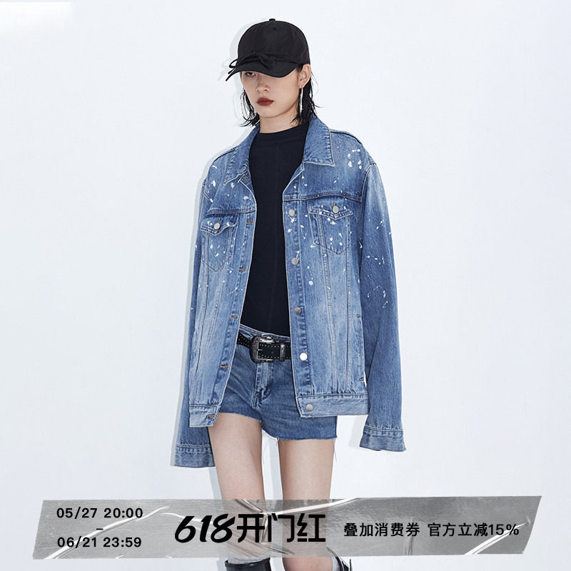 ourhour 涂鸦泼墨 水洗蓝复古解构宽松牛仔外套 女秋设计感外套
