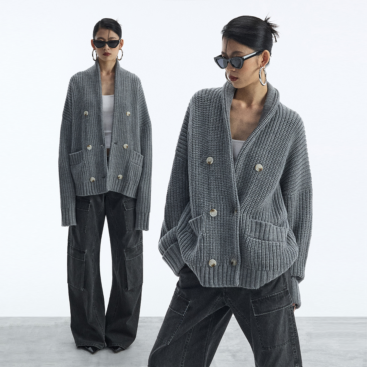 ourhour灰大口袋针织毛衣开衫