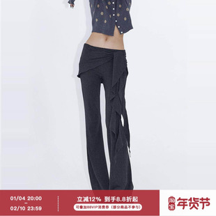 ourhour 假两件拼接 黑色荷叶边系带弹力瑜伽喇叭裤 女设计感裙裤