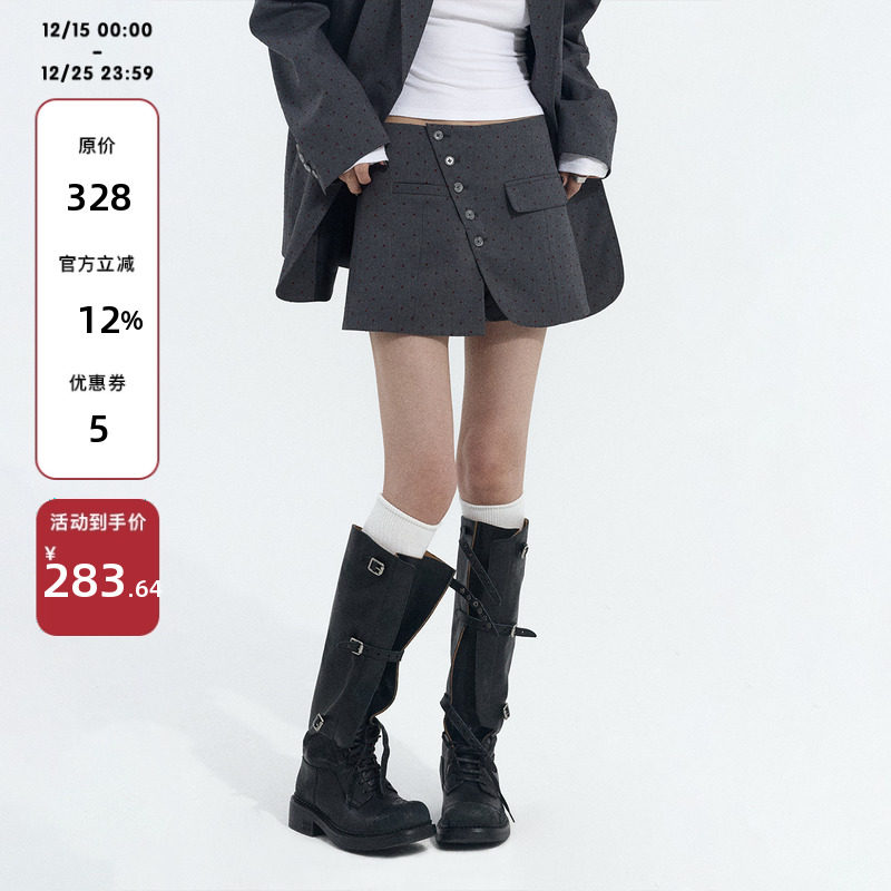 ourhour灰红波点斜门襟短裤裙