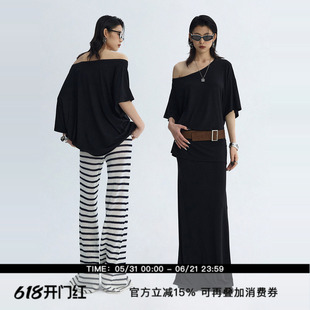 ourhour 一字斜肩 黑色大领口露肩宽松短袖上衣 女夏设计感薄T恤