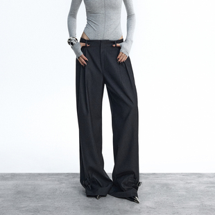 女冬设计感长裤 ourhour 深灰色双褶宽松阔腿西装 脚扣袢造型 裤