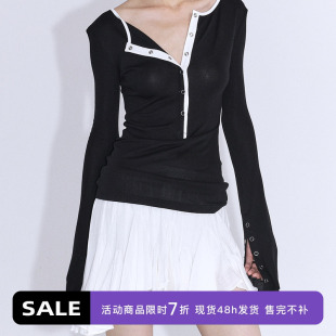 限时7折 黑色薄款 ourhour 口开衩 撞色亨利领显瘦打底衣 袖