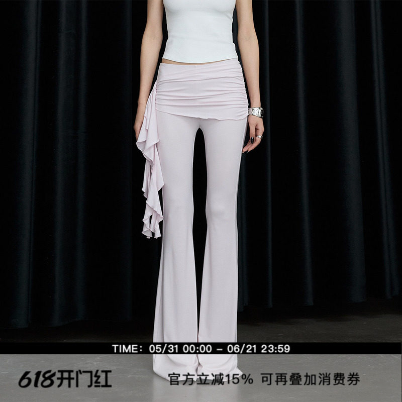 ourhour 淡粉黑色单侧木耳边遮小腹裙片针织喇叭裤女夏休闲长裤