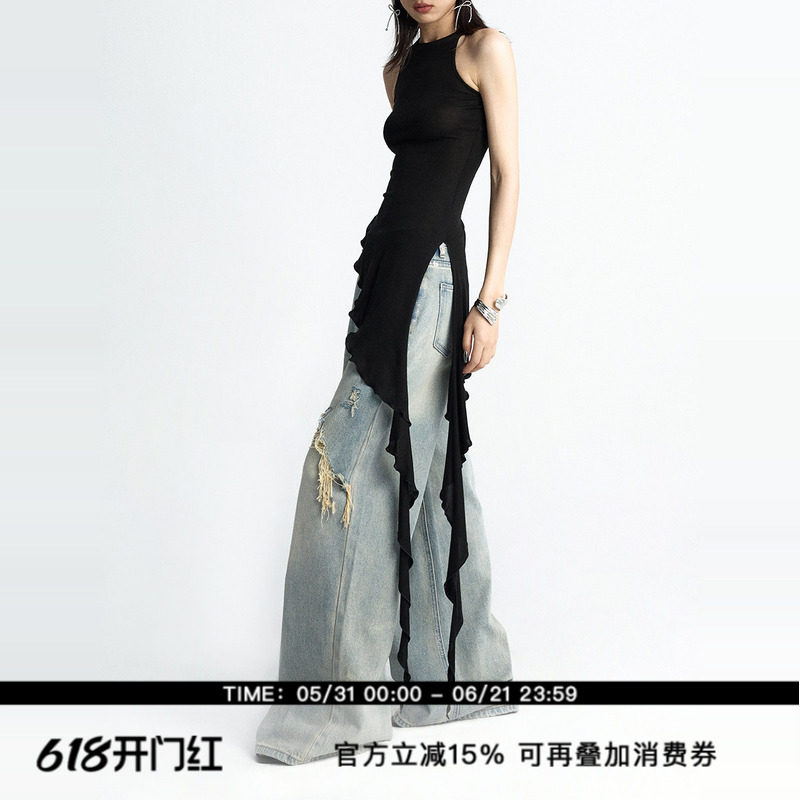 ourhour 斜边下摆 黑色削肩开衩荷叶边飘带鱼尾背心 女夏修身上衣