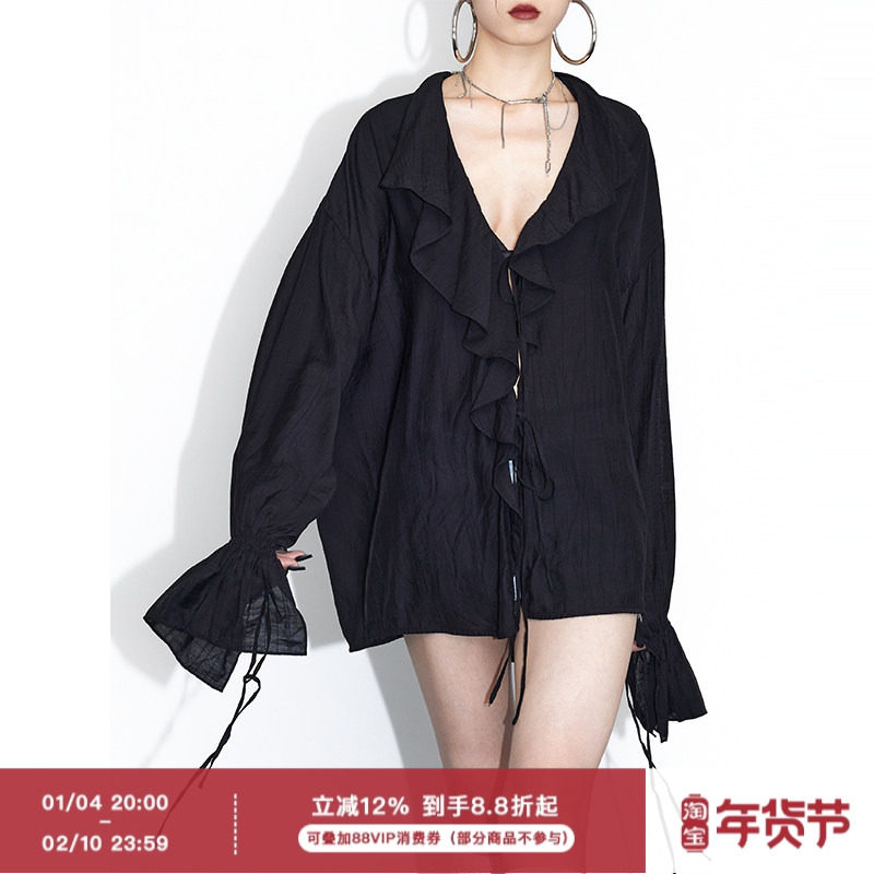 ourhour 大荷叶边V领袖口系带 黑色宽松轻薄衬衫 女春设计感衬衫
