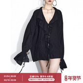 大荷叶边V领袖 口系带 黑色宽松轻薄衬衫 ourhour 女春设计感衬衫