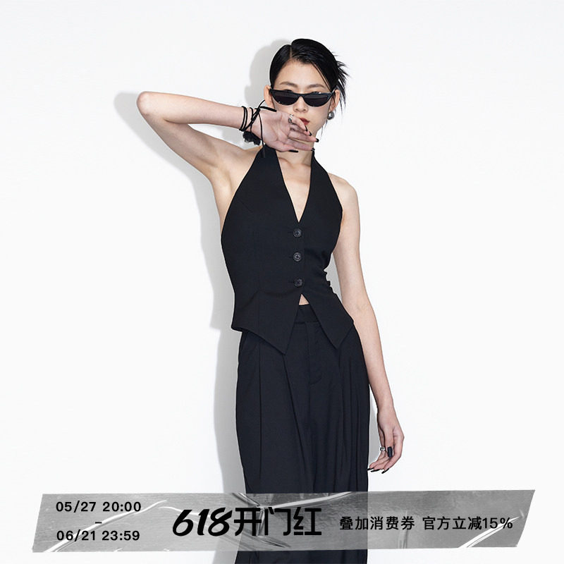 ourhour 知识分子 黑白双色v领挂脖西装马甲 女夏设计感露背上衣