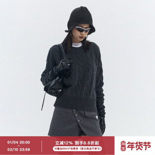 ourhour 复古绞花 深灰色圆领麻花套头宽松针织衫 女冬设计感毛衣