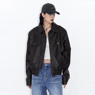 ourhour 洗褪做旧 复古棕色宽松皮夹克外套 女秋季设计感机车皮衣