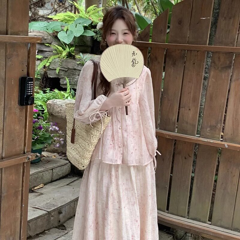 NEXT ROAD 영국 연명 출산복 2024 새로운 중국식 셔츠 스커트 투피스 세트