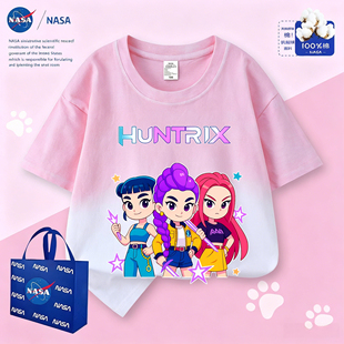 NASA猎魔女团儿童短袖t恤扎染渐变跨境kpop童装纯棉夏季圆领上衣