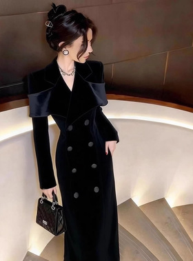 黑色丝绒西装连衣裙秋冬新款重要场合高端精致巨好看气质收腰长裙