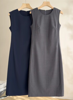 经典TH款灰色圆领无袖连衣裙春夏高端职业精纺羊毛气质背心裙子