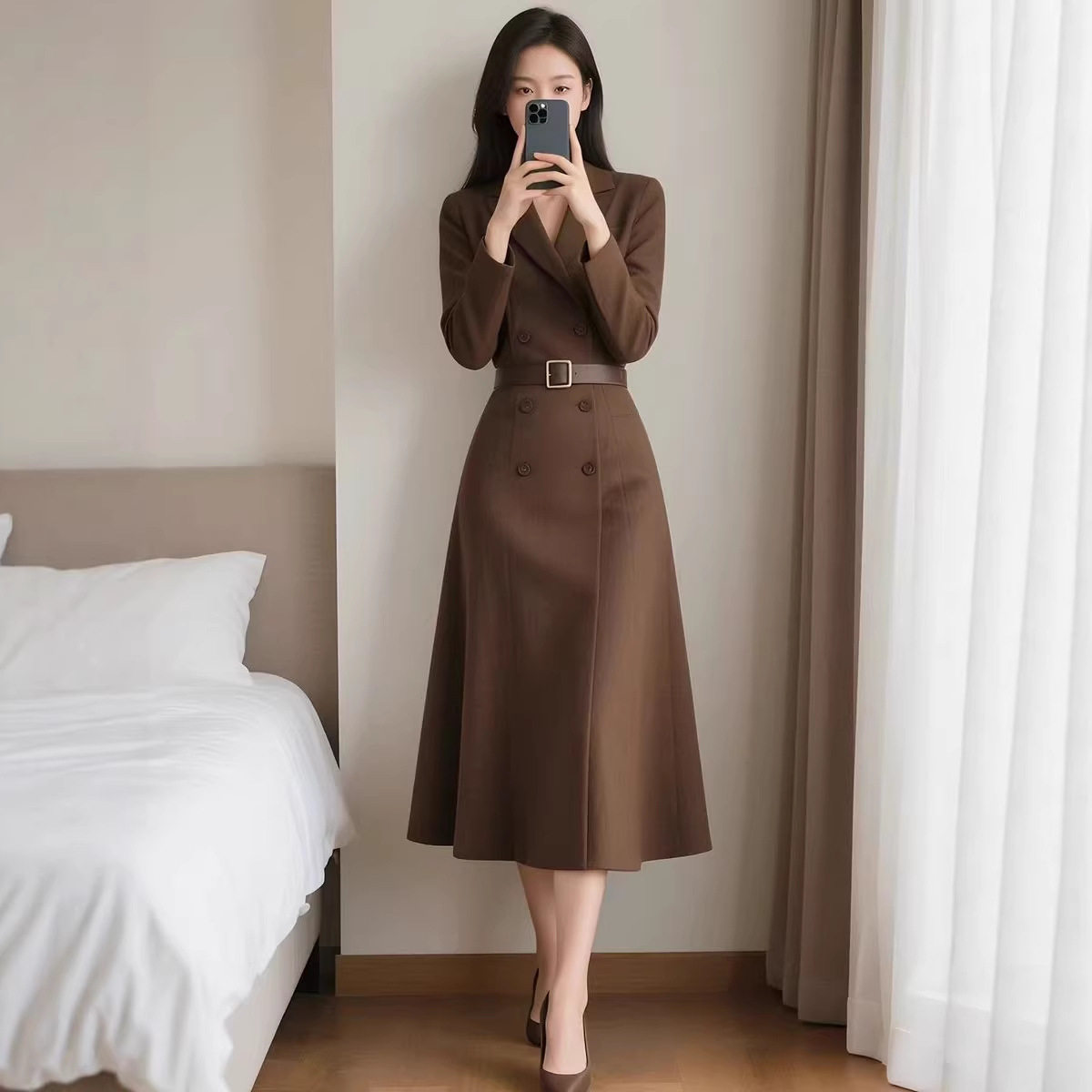 春季新款女装时尚法式穿搭复古西装连衣裙收腰气质中长款通勤女