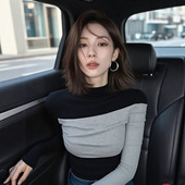 秋季 欧货高级感小众不撞衫 别致减龄洋气独特超好看黑灰拼接T恤女