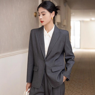 高级感通勤职业西服直筒裤 子套装 两件套OL 裤 恩迪精纺灰色羊毛西装
