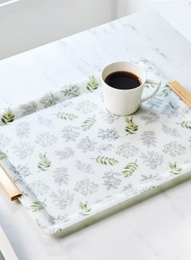 韩国产进口正品高档木制把手餐用托盘小清新森系绿叶白绿茶水盘