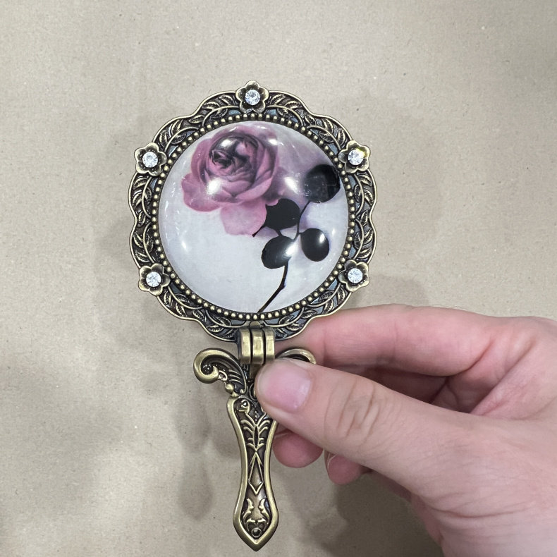 韩国产进口正品玫瑰花金属镜迷你手柄镜欧式复古花边做旧风可折叠