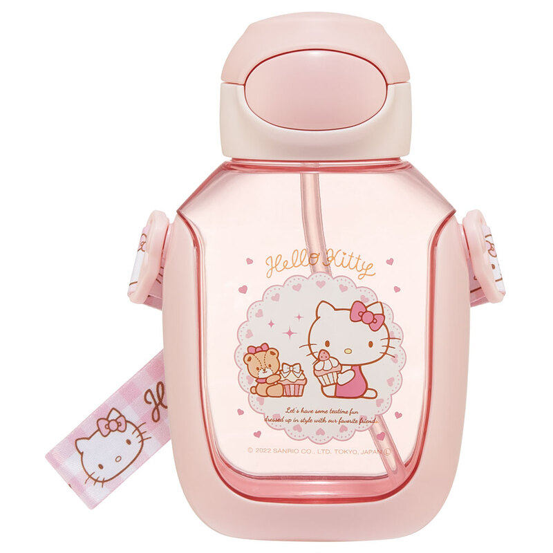 日本产进口hellokitty吸管杯可爱卡通水儿童吸管杯幼儿园背带水壶