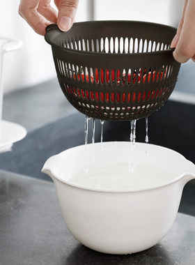 日本产进口正品黑白色简约风沥水篮厨房洗菜水果双层备菜树脂大碗