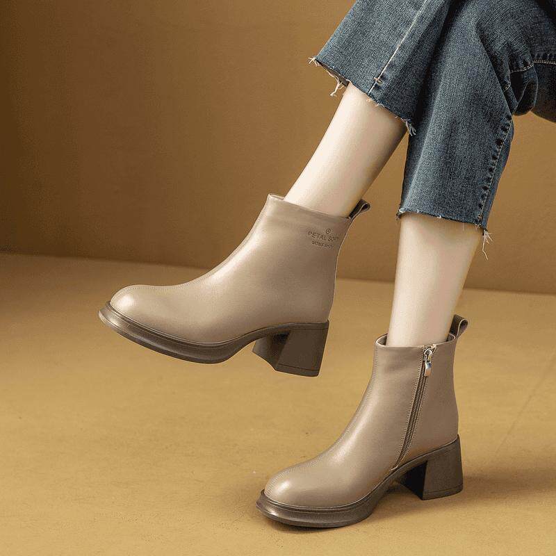 2024冬季新款头层牛皮短靴加绒英伦风瘦瘦靴增高显瘦粗跟女短靴