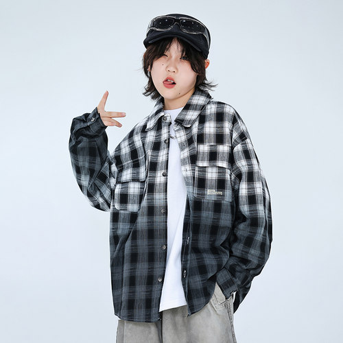 棉韩版春秋翻领格子衬衫外套男童