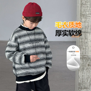 男童加绒卫衣秋冬款2025新款痞帅儿童冬季中大童加厚条纹打底衫潮