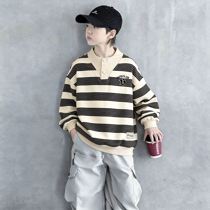 男童条纹卫衣春秋款2026新款痞帅儿童春季打底衫中大童男孩内搭潮