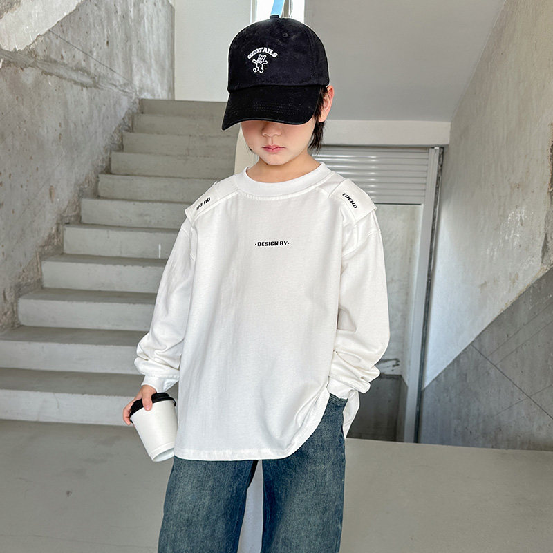 男童白色打底衫春秋季2026新款痞帅中大童休闲长袖T恤儿童内搭白T