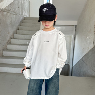 痞帅中大童休闲长袖 2026新款 T恤儿童内搭白T 春秋季 男童白色打底衫