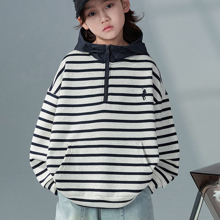 男童条纹连帽卫衣春秋2026新款潮中大童早春韩系帽衫儿童上衣春装