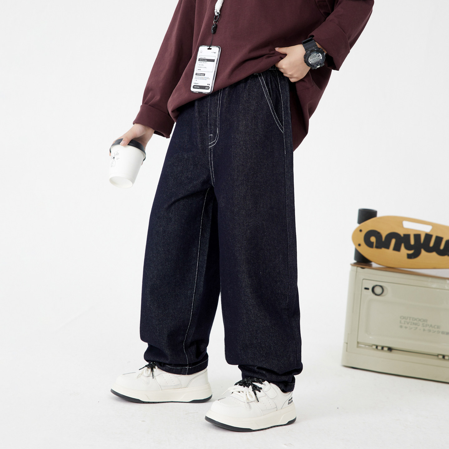 男童秋冬韩范加绒弯刀牛仔裤2025新款儿童男孩冬装加厚直筒裤子潮