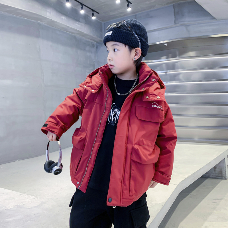 男童红色工装羽绒服冬季2024新款儿童冲锋衣中大童冬装三防外套潮