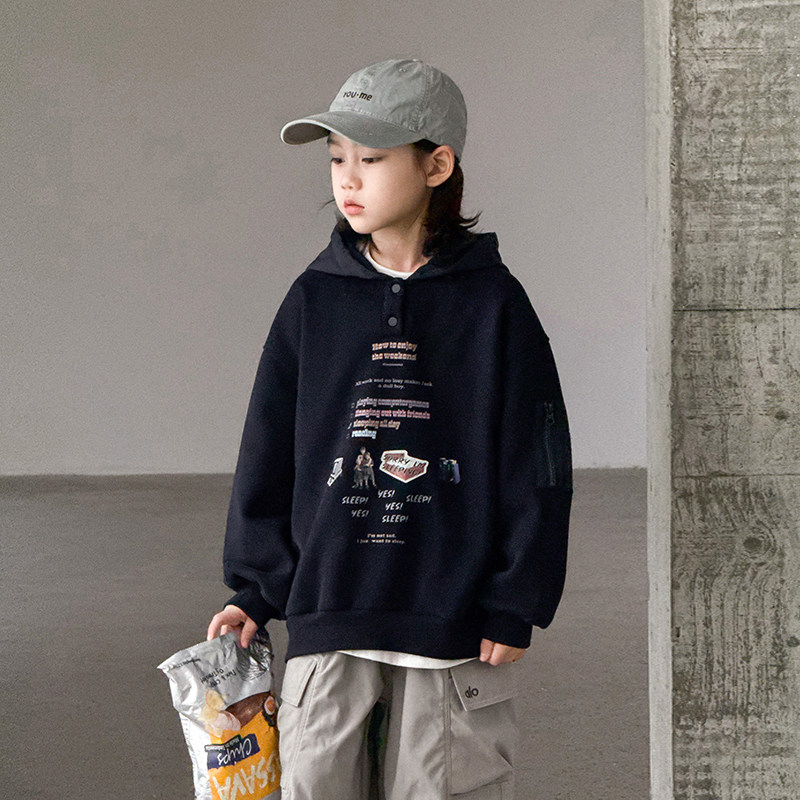 男童连帽加绒卫衣秋冬2025新款酷帅儿童冬季中大童一体绒男孩内搭