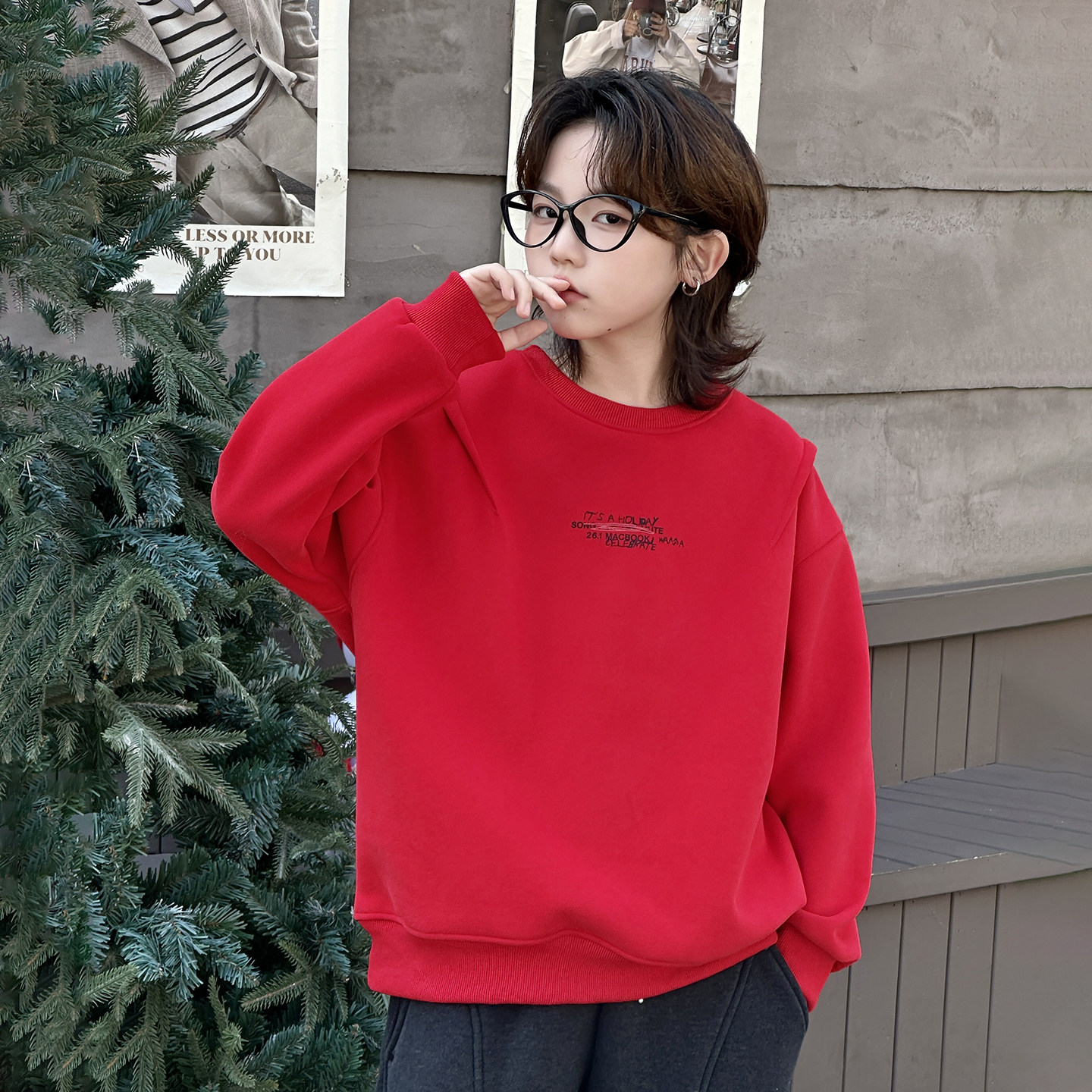 男童加绒红色卫衣冬季2026新款儿童一体绒拜年服中大童新年衣服潮