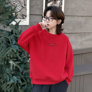 男童加绒红色卫衣冬季2026新款儿童一体绒拜年服中大童新年衣服潮